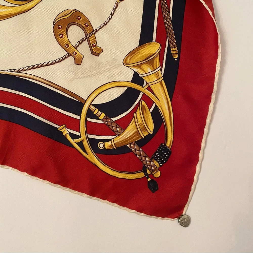 LUCIANO ITALY SCARF SILK SQUARE EQUESTRIAN HORSE RED CREAM BLACK GOLD VINTAGE